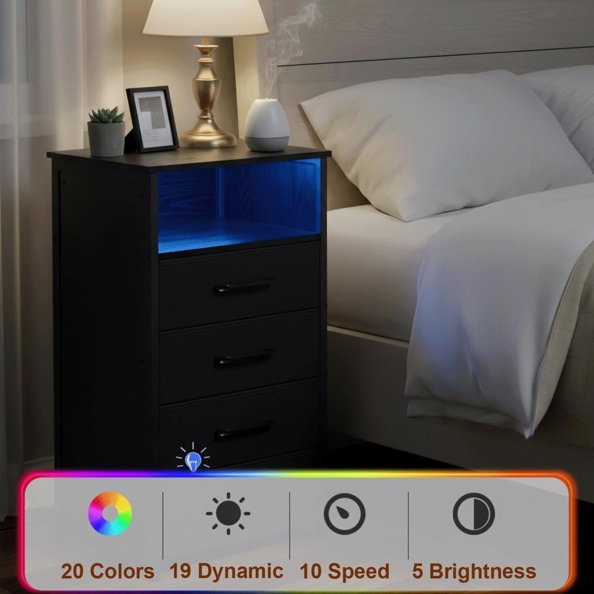 Tall LED Bedside Tables Set of 2 with USB Charging, 4 Drawers & Storage - Kwikley