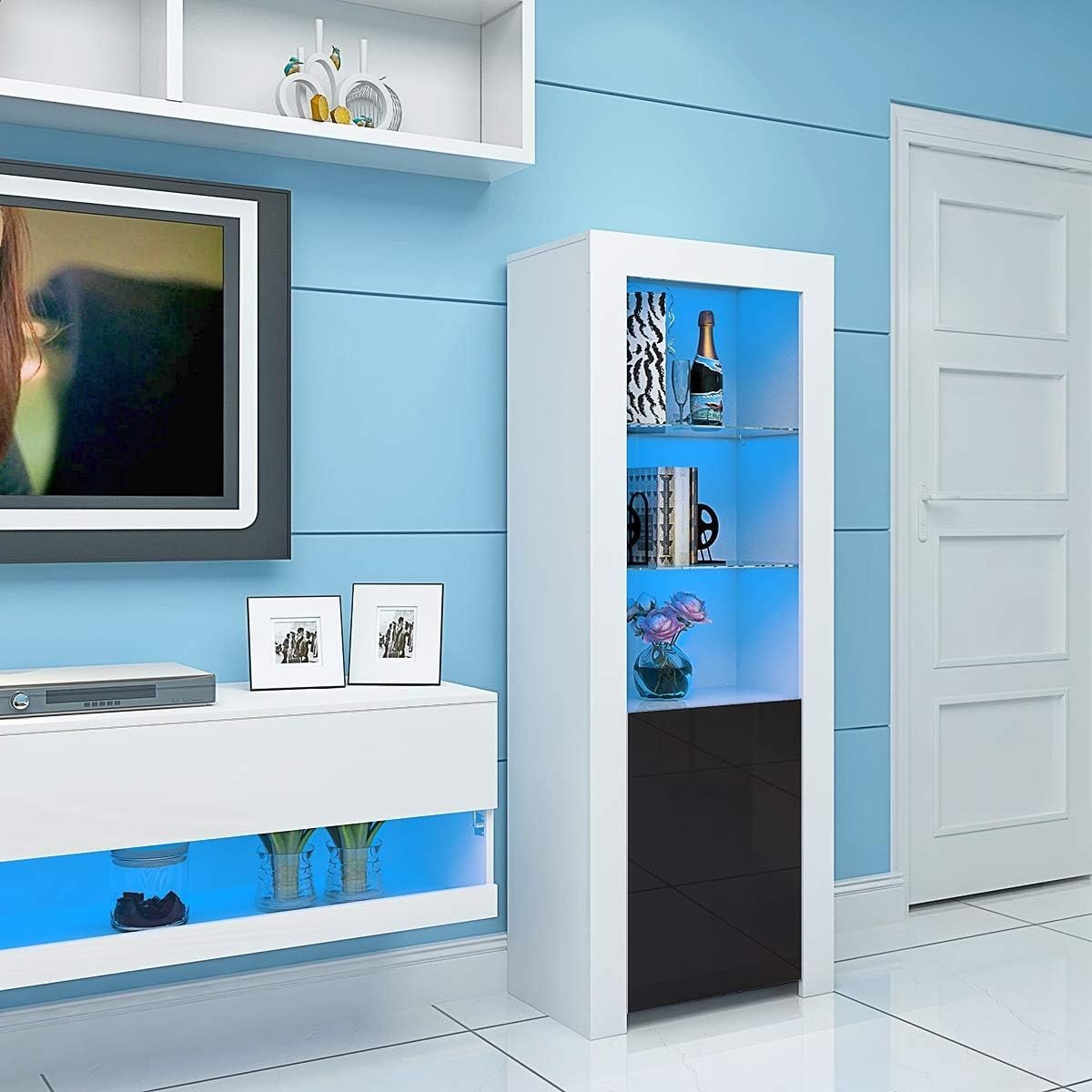 Tall LED Display Cabinet Black High Gloss Glass Shelves Modern Storage Cupboard - Kwikley