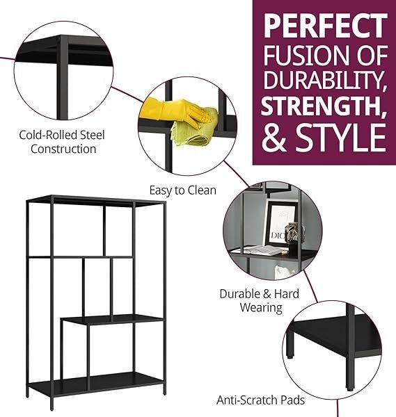 Tall Modern Metal Display Shelf Unit, 4 - Tier Open Storage Bookcase Black - Kwikley