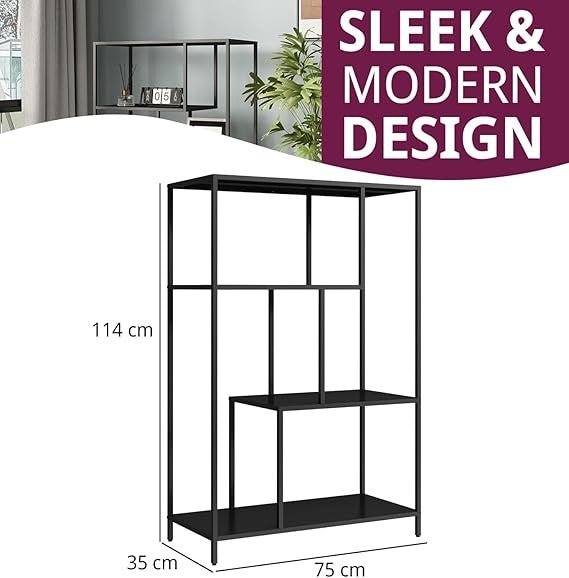 Tall Modern Metal Display Shelf Unit, 4 - Tier Open Storage Bookcase Black - Kwikley