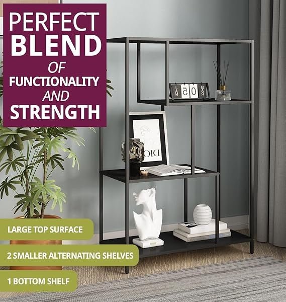Tall Modern Metal Display Shelf Unit, 4 - Tier Open Storage Bookcase Black - Kwikley
