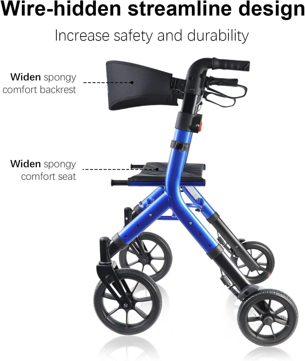 Tall Rollator Walker Folding Lightweight Seat 10in Wheels Bag Adjustable - Kwikley