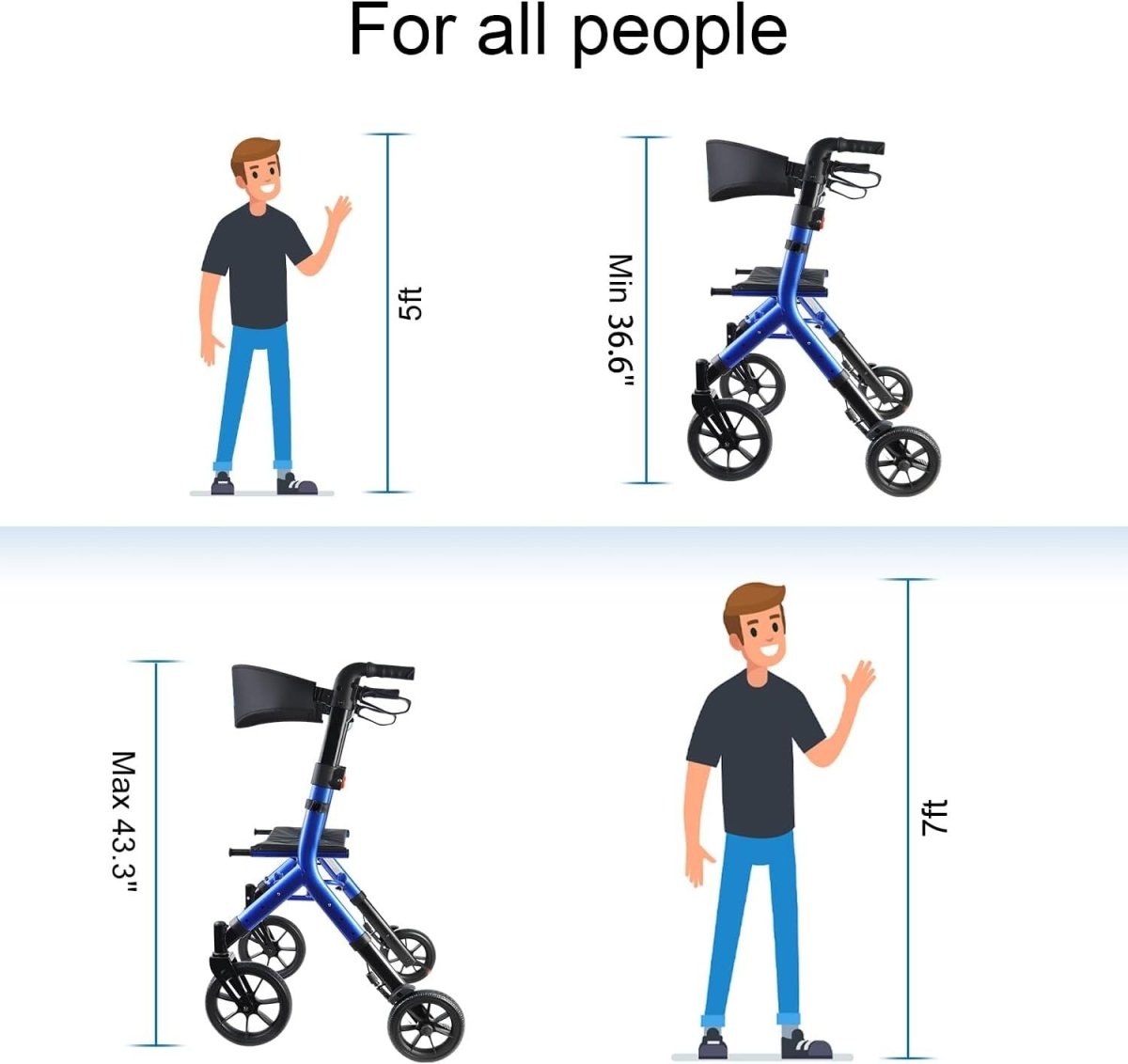 Tall Rollator Walker Folding Lightweight Seat 10in Wheels Bag Adjustable - Kwikley