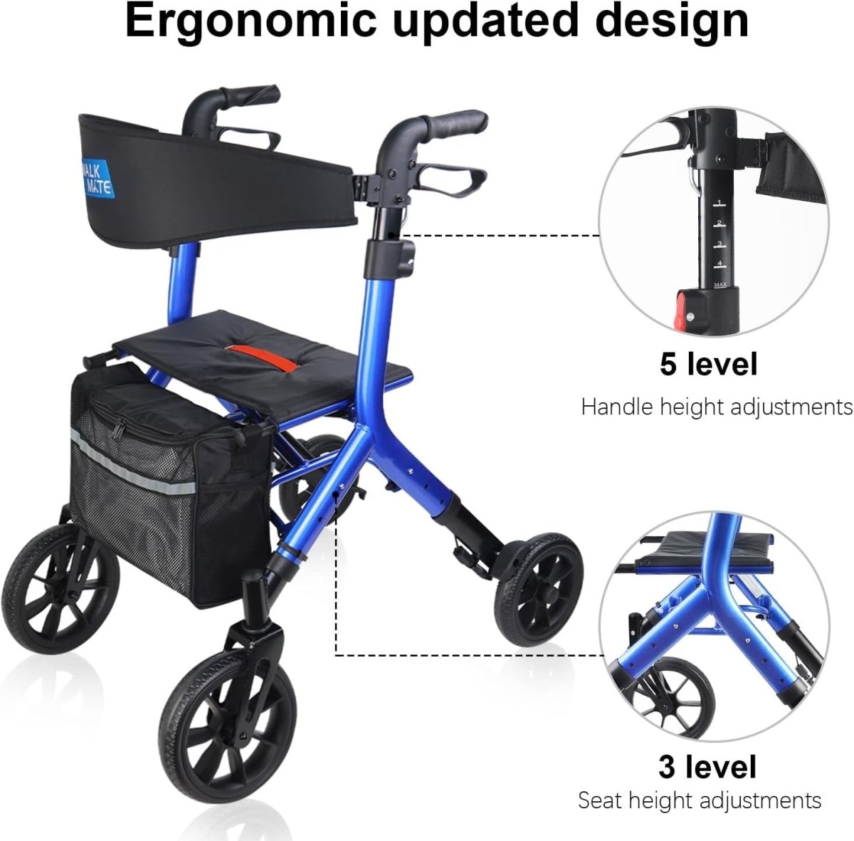 Tall Rollator Walker Folding Lightweight Seat 10in Wheels Bag Adjustable - Kwikley