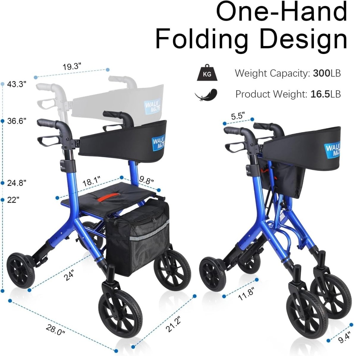 Tall Rollator Walker Folding Lightweight Seat 10in Wheels Bag Adjustable - Kwikley
