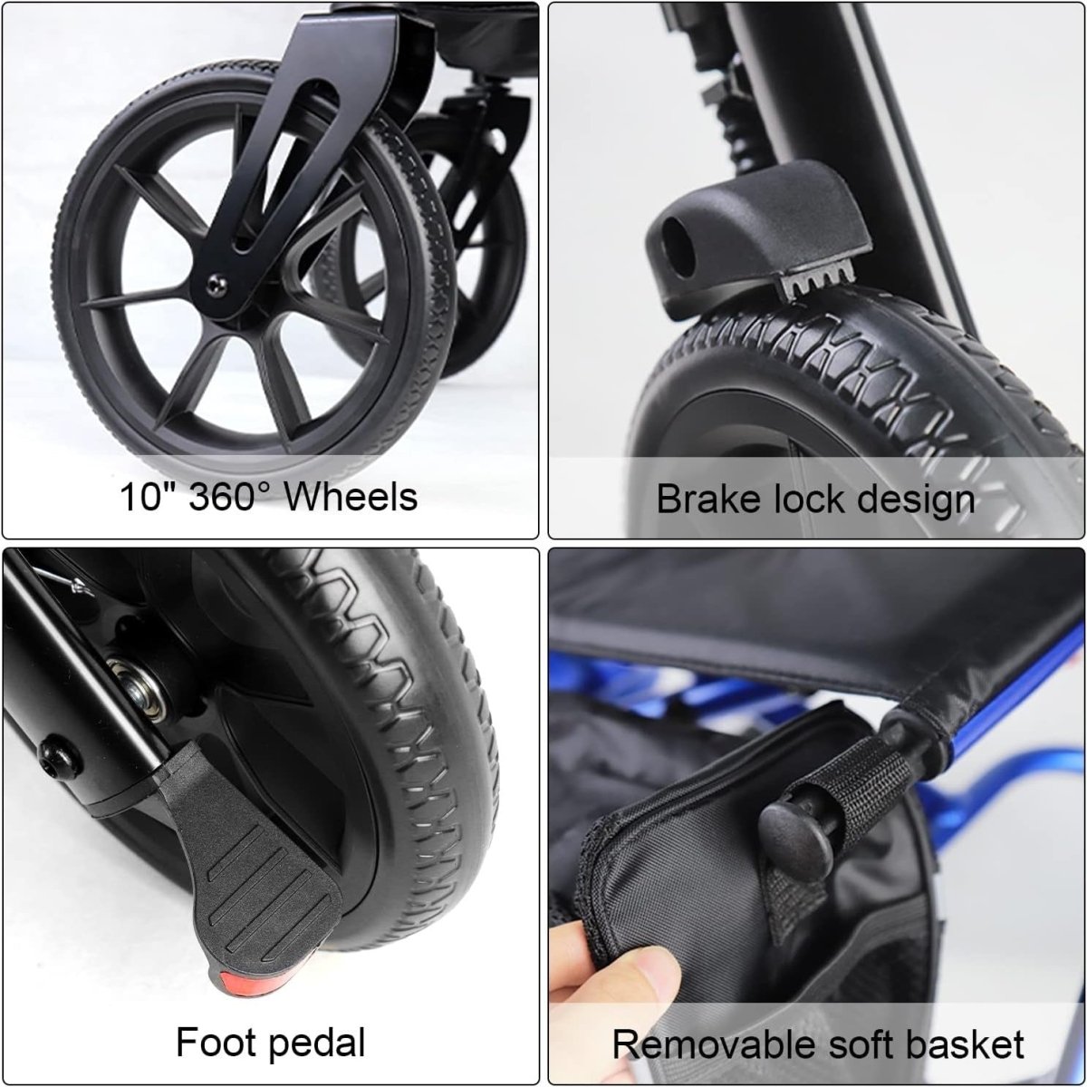 Tall Rollator Walker Folding Lightweight Seat 10in Wheels Bag Adjustable - Kwikley