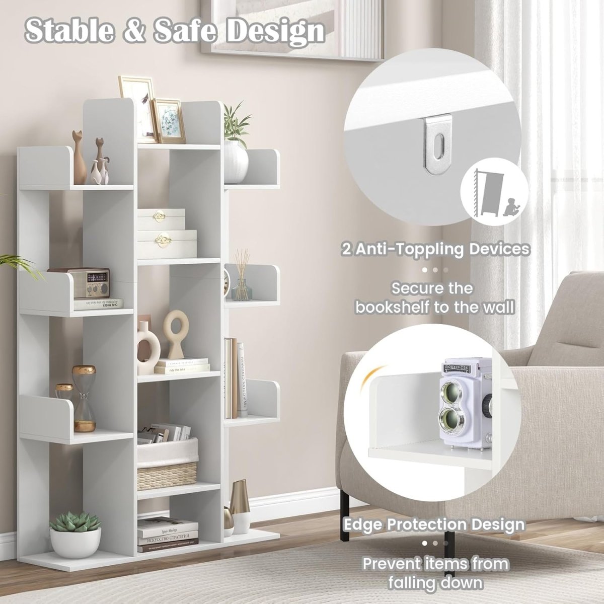 Tall Tree Bookcase 13 Tier White Wooden Shelf Unit Modern Display Storage Rack - Kwikley