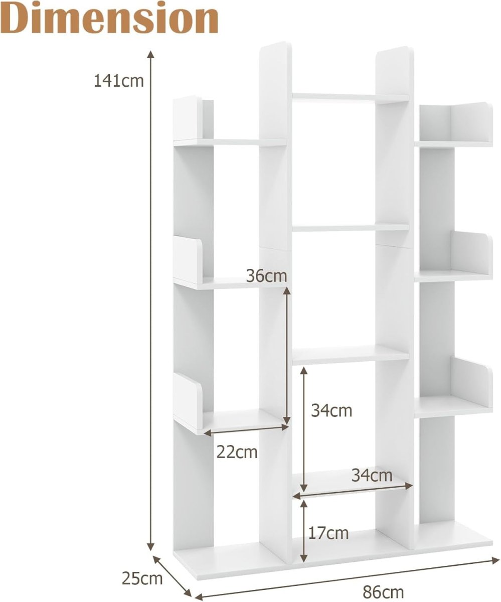 Tall Tree Bookcase 13 Tier White Wooden Shelf Unit Modern Display Storage Rack - Kwikley