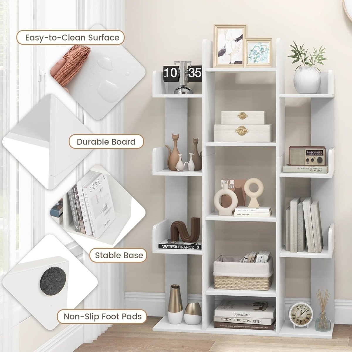 Tall Tree Bookcase 13 Tier White Wooden Shelf Unit Modern Display Storage Rack - Kwikley