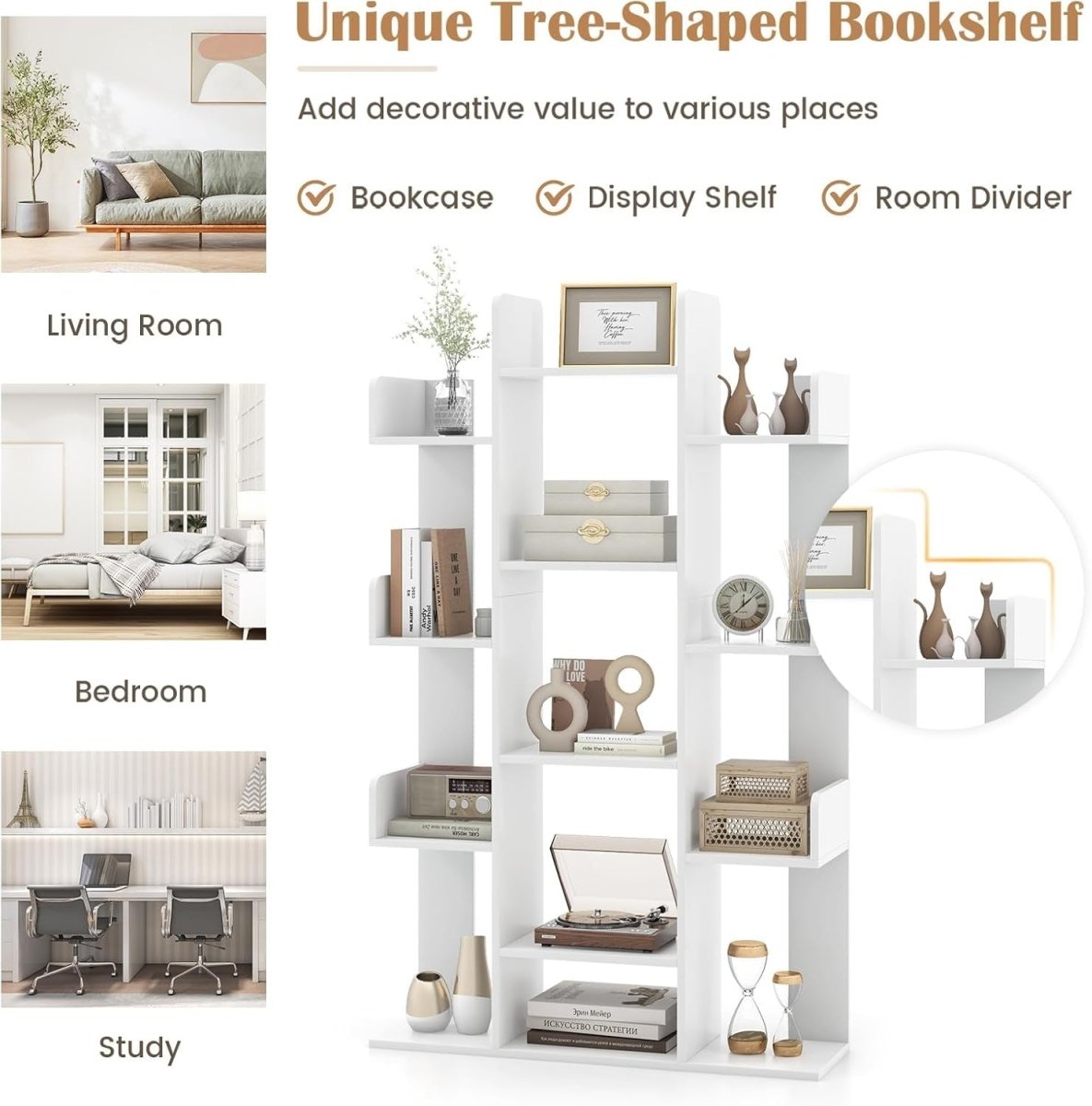 Tall Tree Bookcase 13 Tier White Wooden Shelf Unit Modern Display Storage Rack - Kwikley