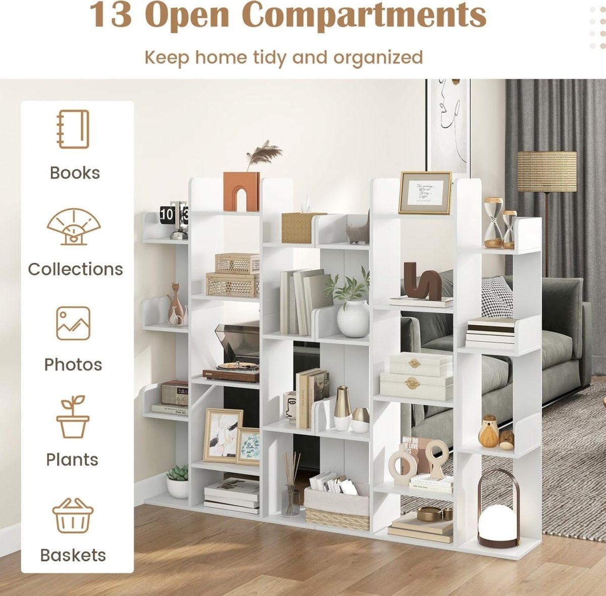 Tall Tree Bookcase 13 Tier White Wooden Shelf Unit Modern Display Storage Rack - Kwikley