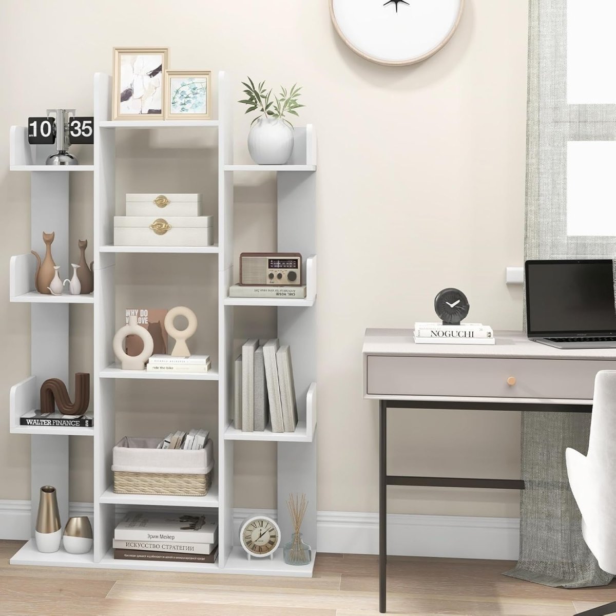 Tall Tree Bookcase 13 Tier White Wooden Shelf Unit Modern Display Storage Rack - Kwikley