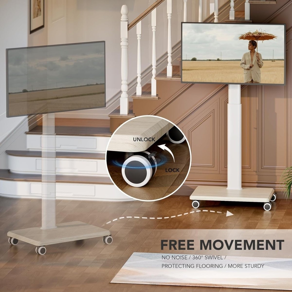 Tall TV Stand on Wheels 27–65" Mobile Swivel Mount Adjustable Shelf - Kwikley