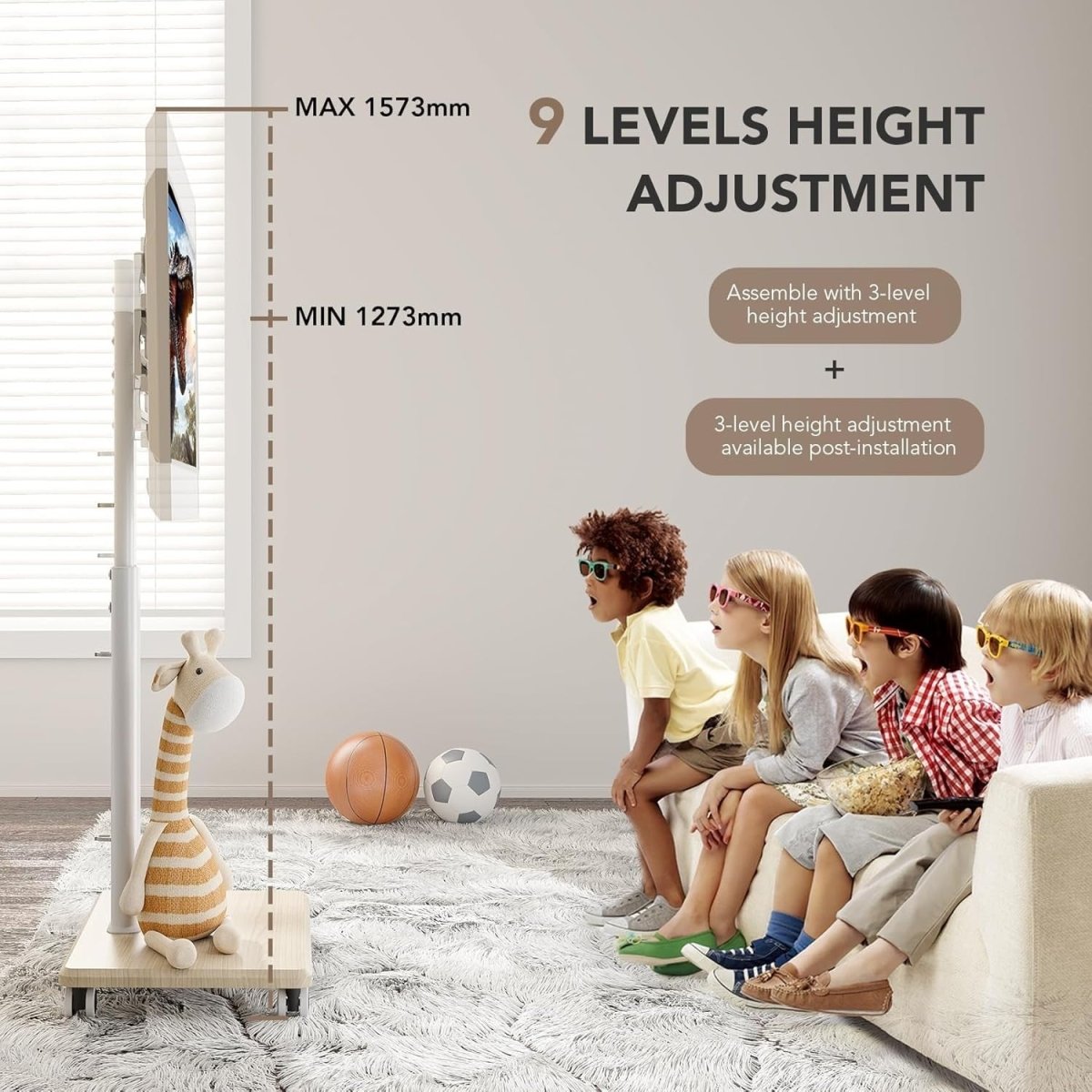 Tall TV Stand on Wheels 27–65" Mobile Swivel Mount Adjustable Shelf - Kwikley