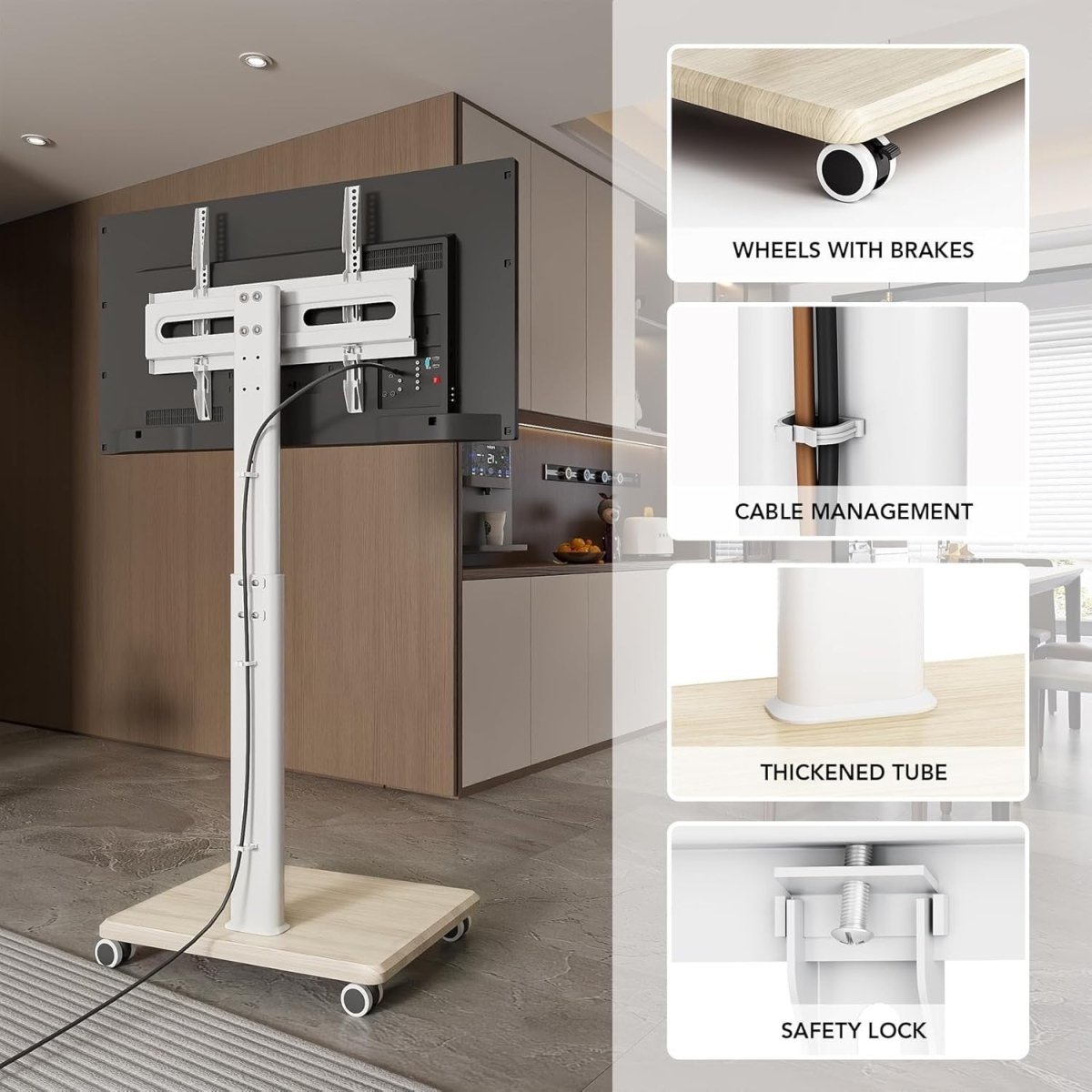 Tall TV Stand on Wheels 27–65" Mobile Swivel Mount Adjustable Shelf - Kwikley