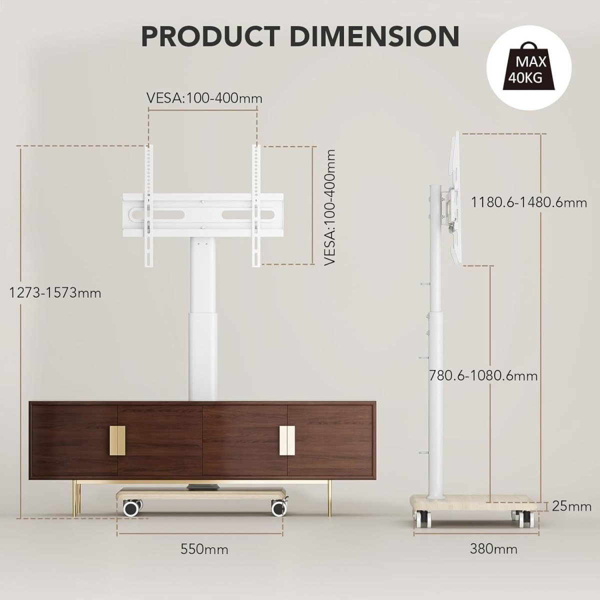 Tall TV Stand on Wheels 27–65" Mobile Swivel Mount Adjustable Shelf - Kwikley