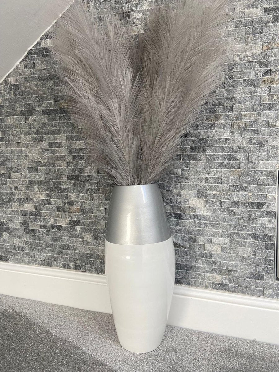 Tall White Bamboo Floor Vase 45cm Modern Silver Accent Home Décor - Kwikley