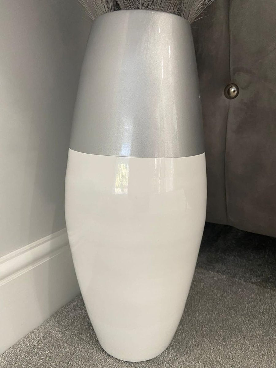Tall White Bamboo Floor Vase 45cm Modern Silver Accent Home Décor - Kwikley