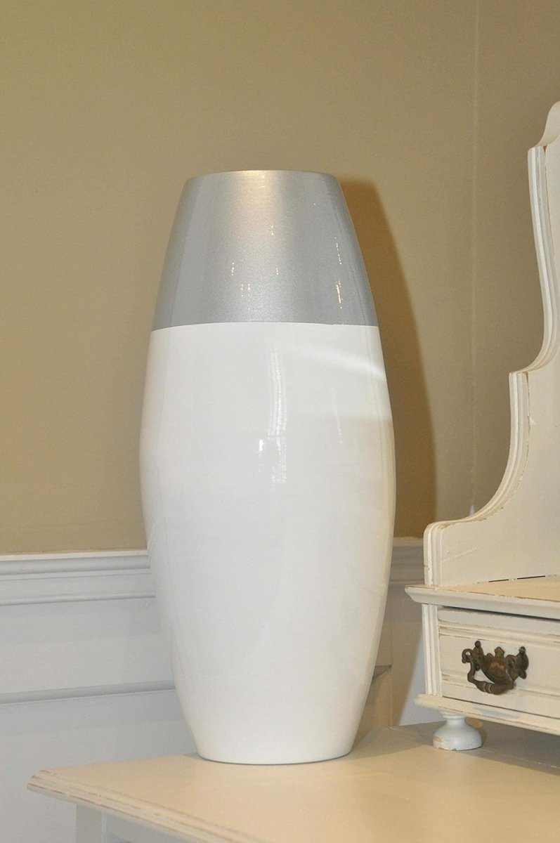 Tall White Bamboo Floor Vase 45cm Modern Silver Accent Home Décor - Kwikley