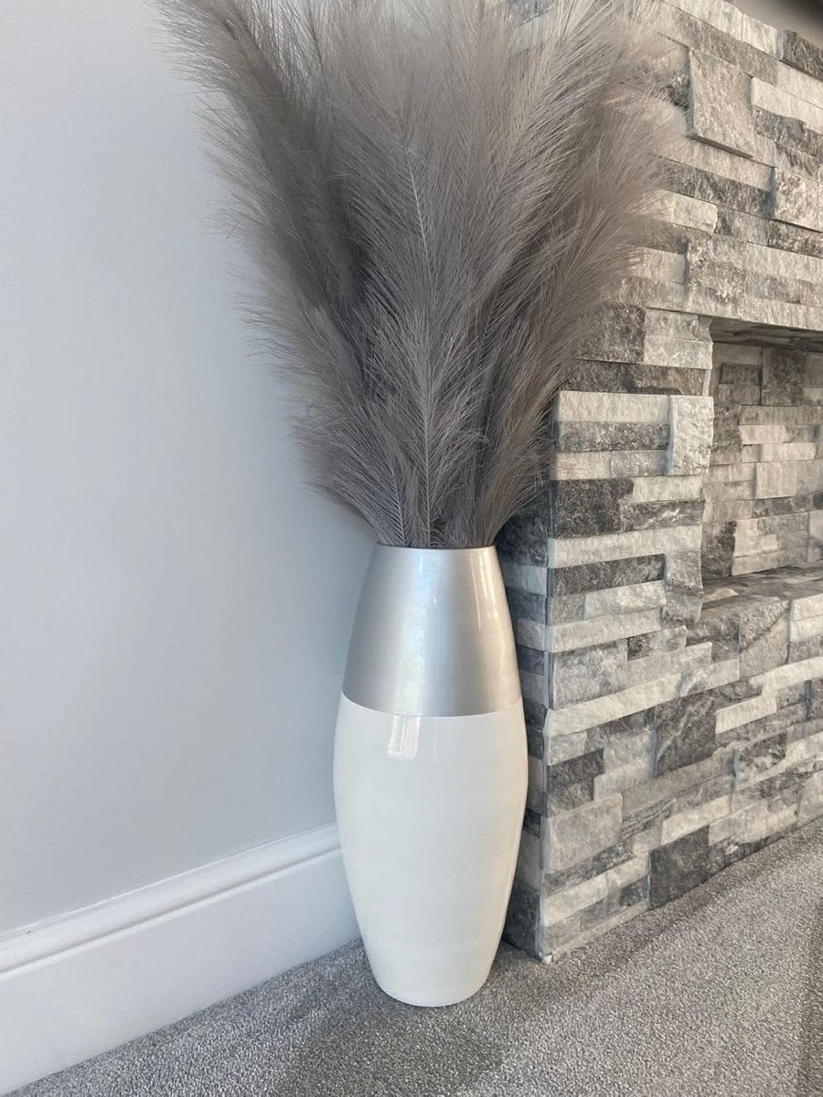 Tall White Bamboo Floor Vase 45cm Modern Silver Accent Home Décor - Kwikley