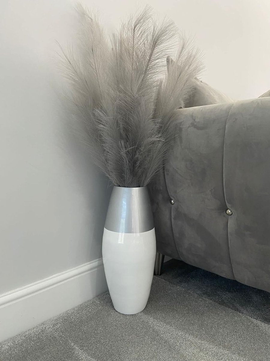 Tall White Bamboo Floor Vase 45cm Modern Silver Accent Home Décor - Kwikley