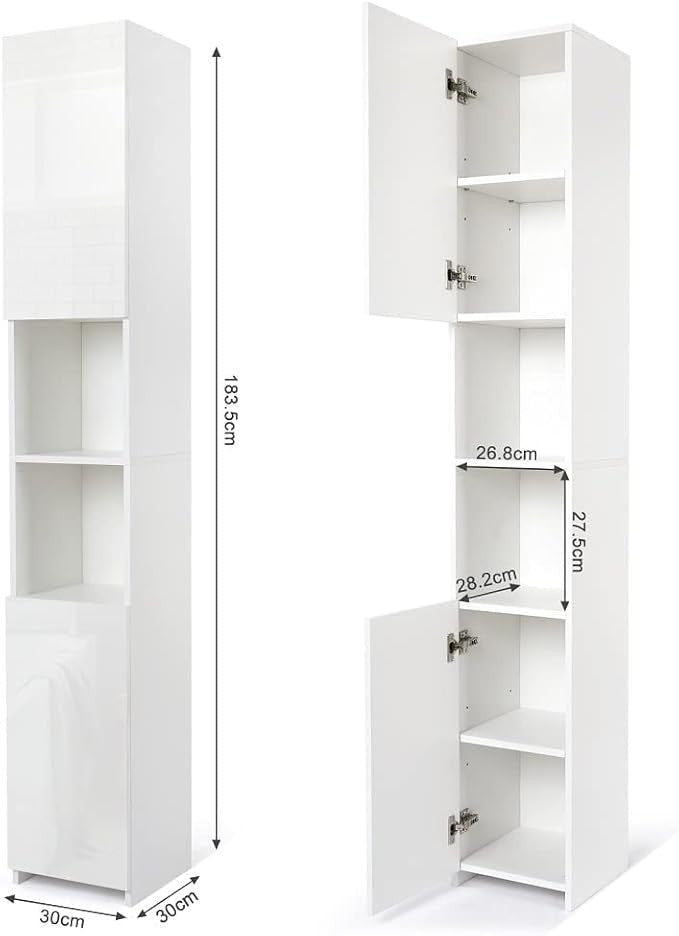 Tall White Bathroom Storage Cabinet Freestanding Slim Cupboard with Doors - Kwikley