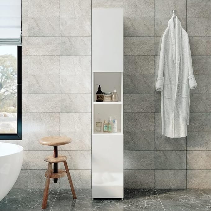 Tall White Bathroom Storage Cabinet Freestanding Slim Cupboard with Doors - Kwikley