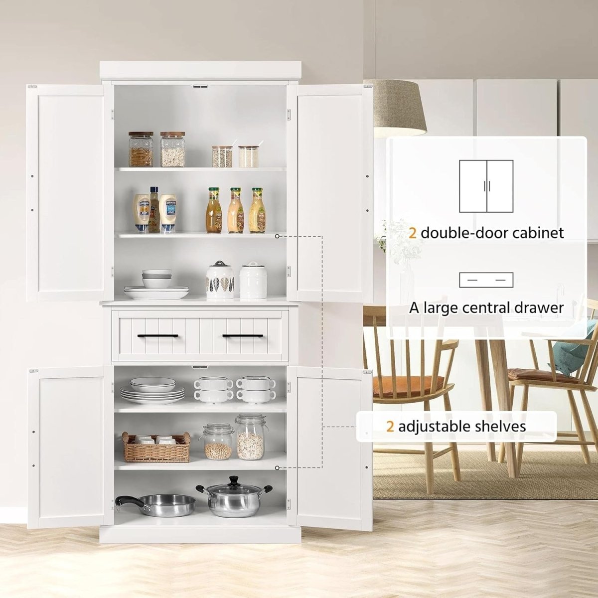 Tall White Kitchen Pantry Cupboard Storage Cabinet with Drawer & Shelves - Kwikley