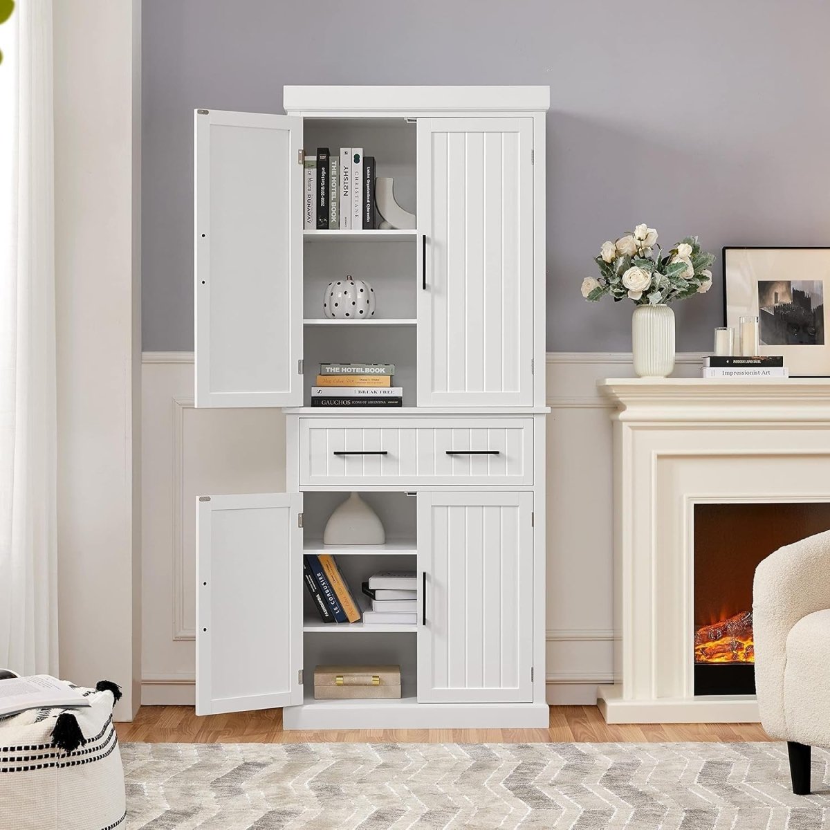 Tall White Kitchen Pantry Cupboard Storage Cabinet with Drawer & Shelves - Kwikley