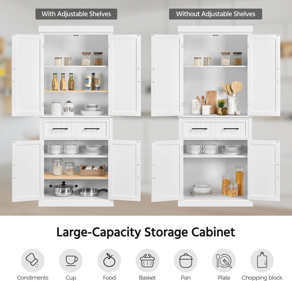 Tall White Kitchen Pantry Cupboard Storage Cabinet with Drawer & Shelves - Kwikley