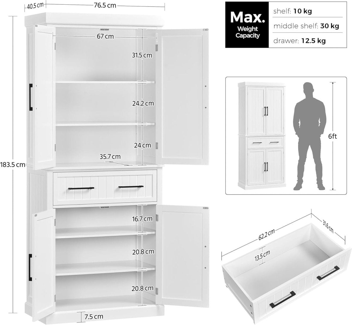 Tall White Kitchen Pantry Cupboard Storage Cabinet with Drawer & Shelves - Kwikley