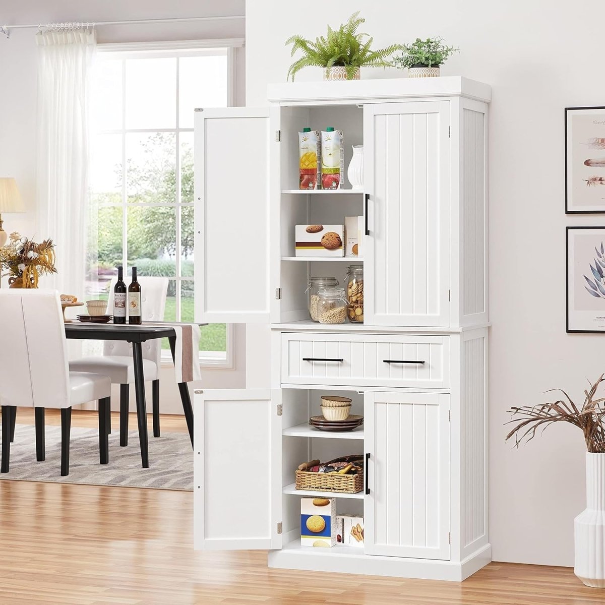 Tall White Kitchen Pantry Cupboard Storage Cabinet with Drawer & Shelves - Kwikley