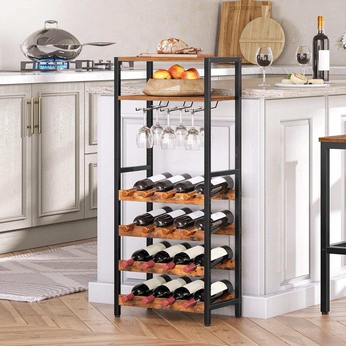 Tall Wine Rack Cabinet 16 Bottle Storage Shelf with Glass Holder & Display Top - Kwikley