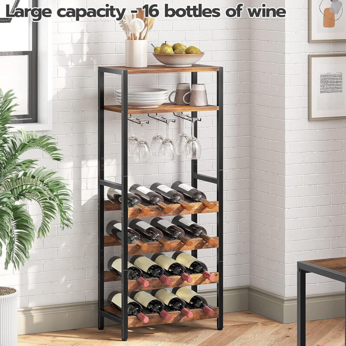 Tall Wine Rack Cabinet 16 Bottle Storage Shelf with Glass Holder & Display Top - Kwikley