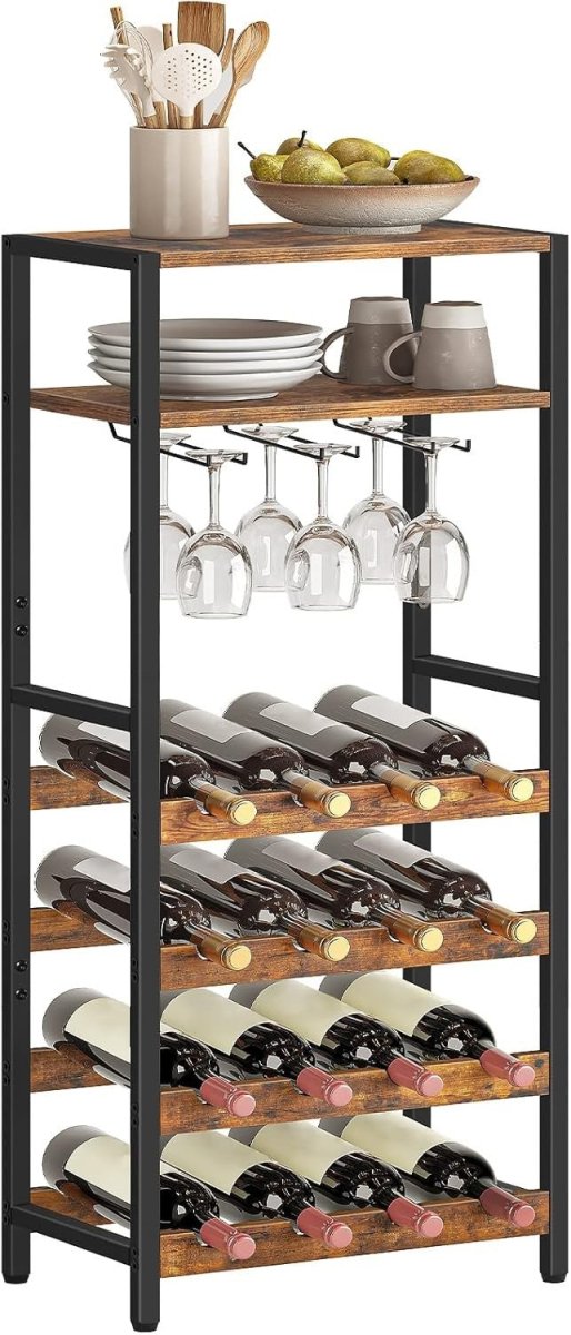 Tall Wine Rack Cabinet 16 Bottle Storage Shelf with Glass Holder & Display Top - Kwikley