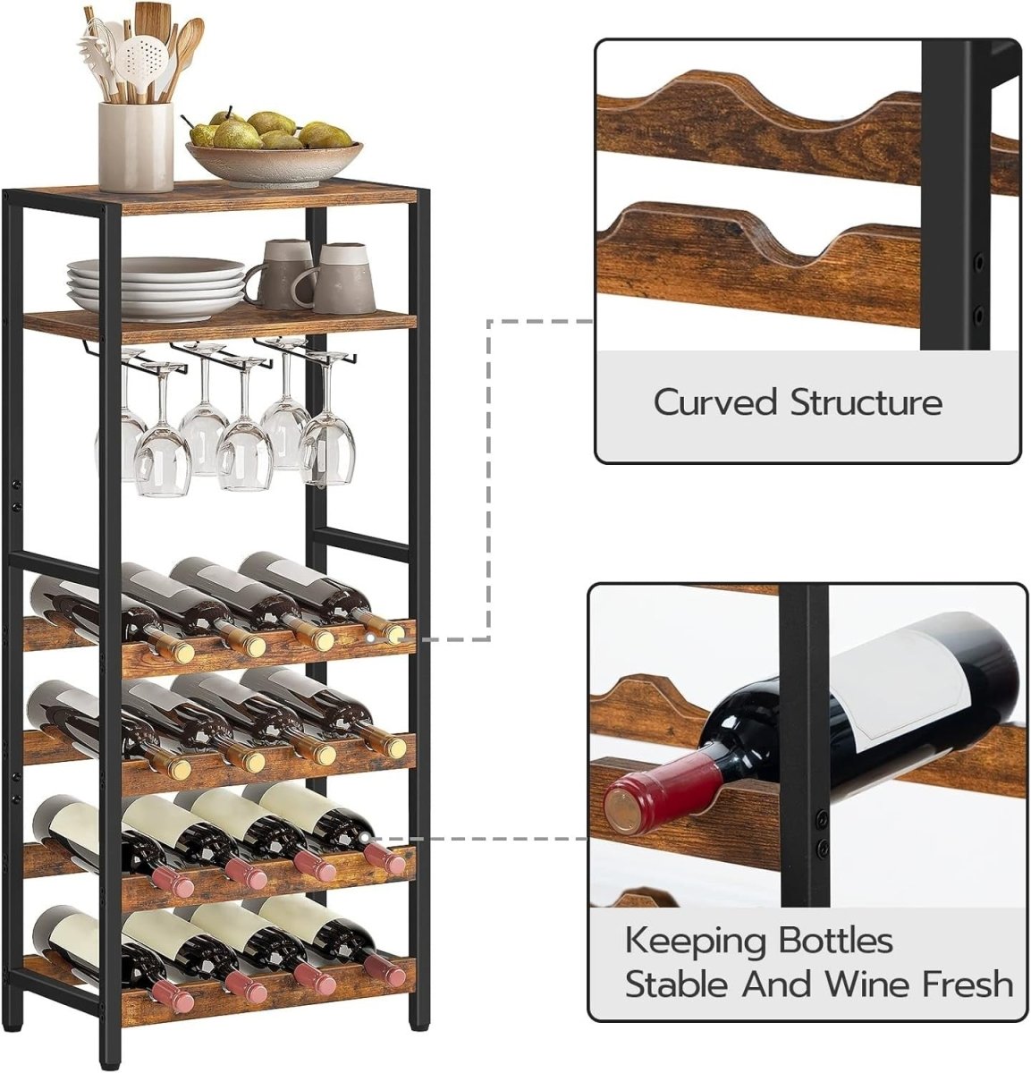 Tall Wine Rack Cabinet 16 Bottle Storage Shelf with Glass Holder & Display Top - Kwikley