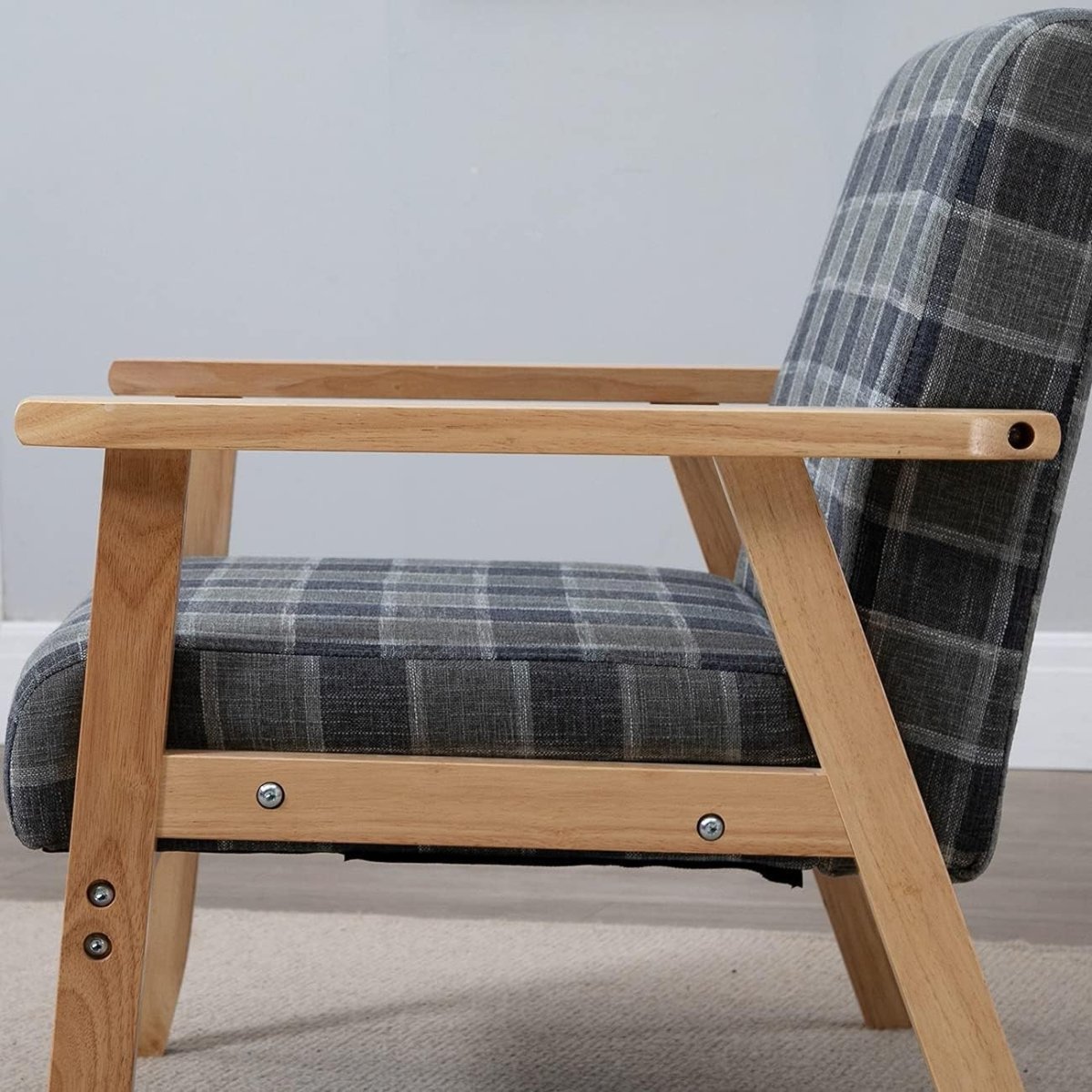 Tartan Grey Fabric Accent Armchair Wood Frame Lounge Chair - Kwikley