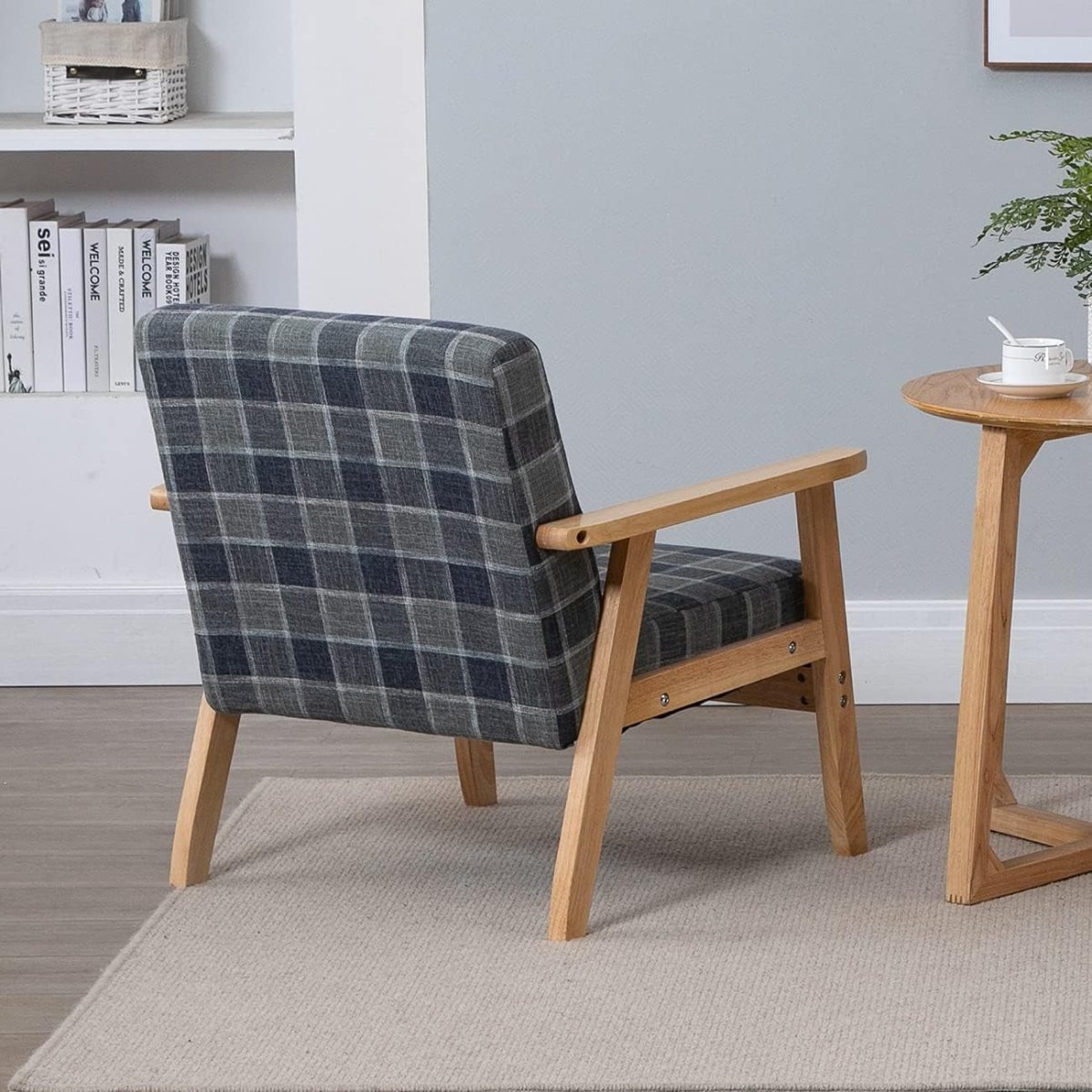 Tartan Grey Fabric Accent Armchair Wood Frame Lounge Chair - Kwikley