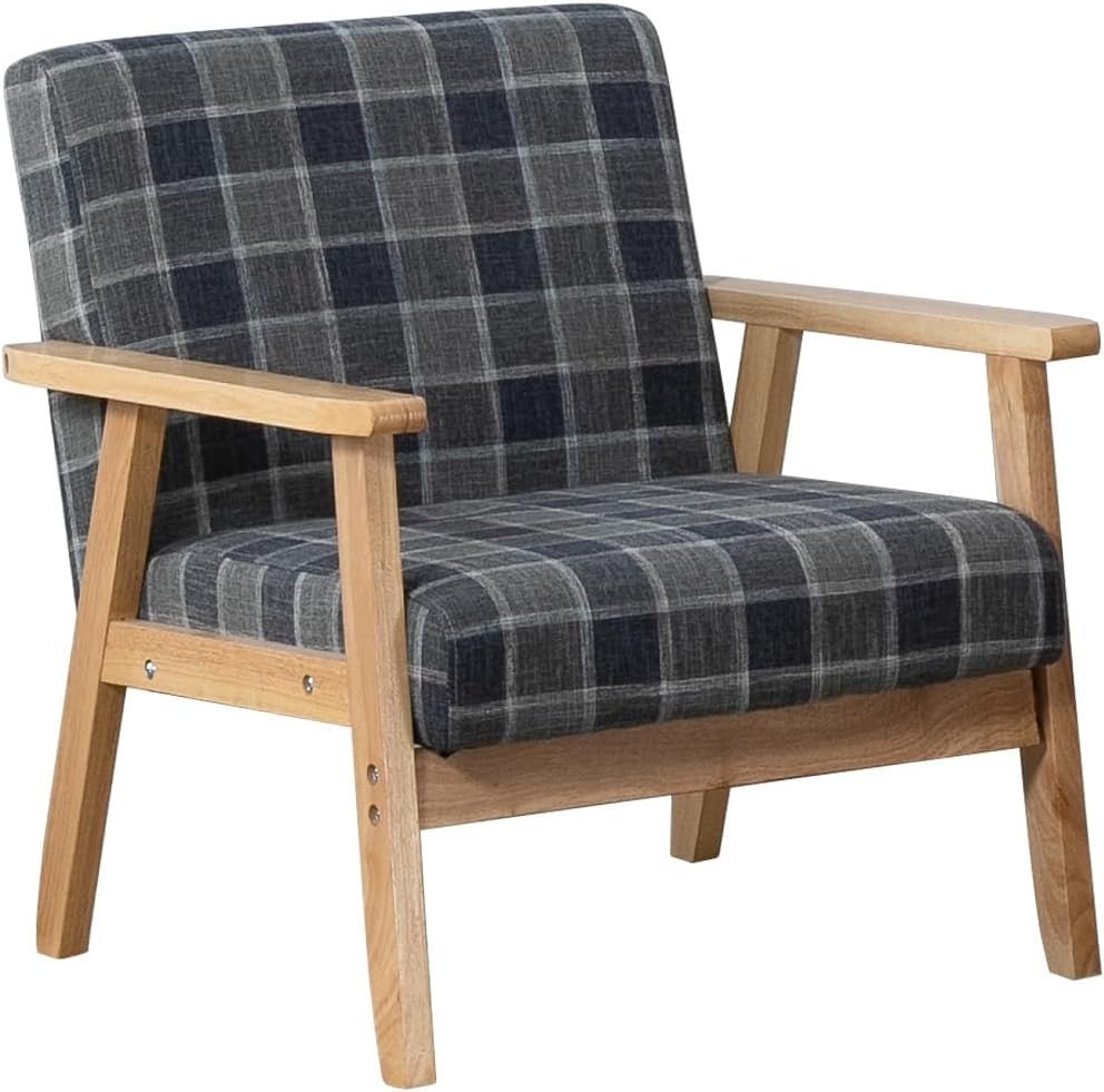 Tartan Grey Fabric Accent Armchair Wood Frame Lounge Chair - Kwikley