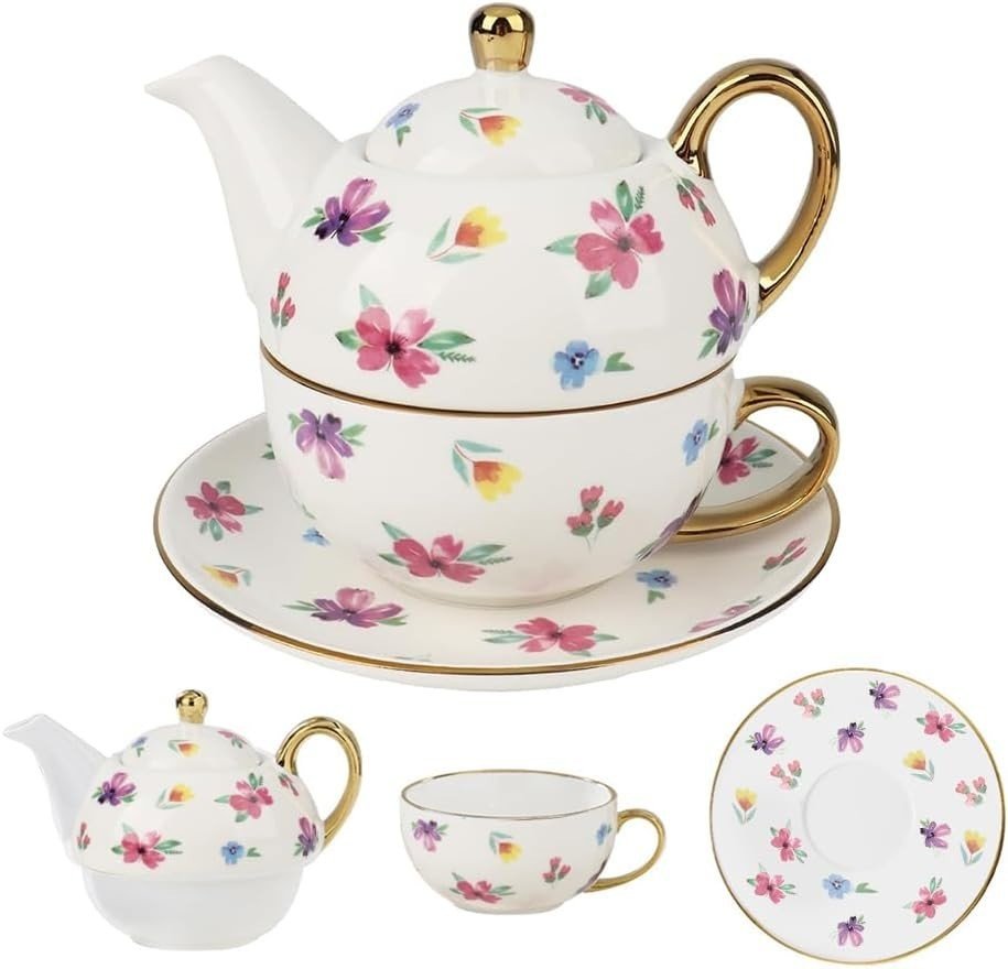 Tea for One Set Floral Teapot Cup Saucer Gold Trim Porcelain Gift Set - Kwikley