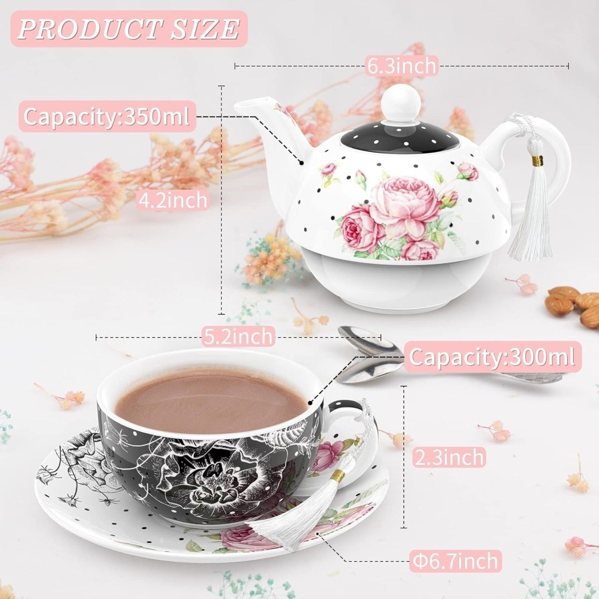 Tea for One Teapot Cup Saucer Set 350ml Vintage Floral Black Gift - Kwikley