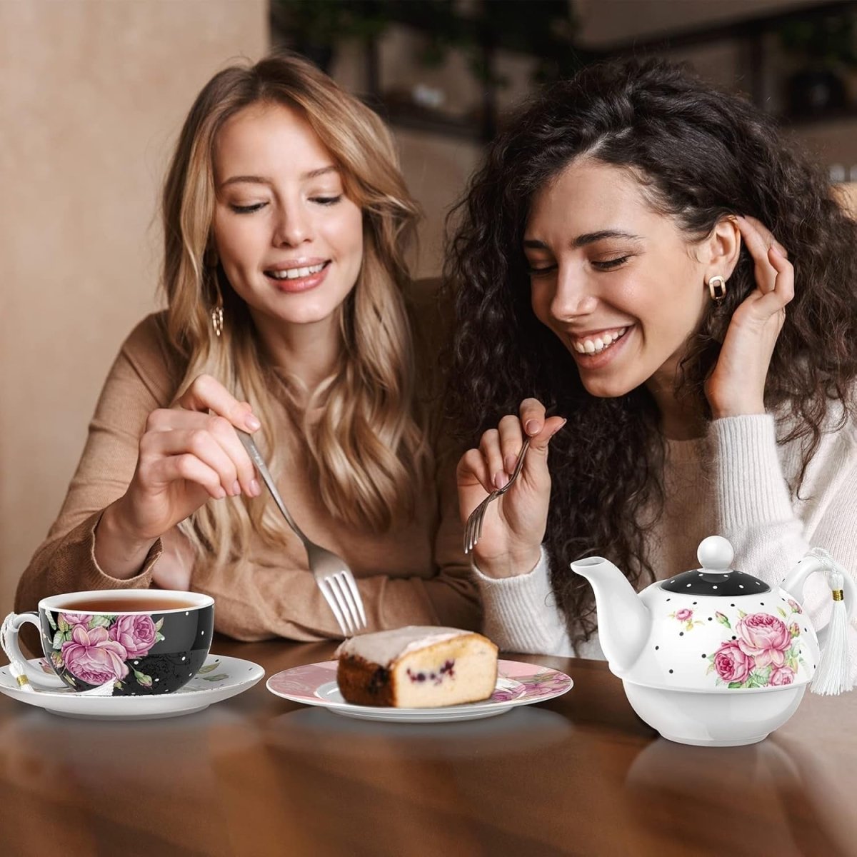 Tea for One Teapot Cup Saucer Set 350ml Vintage Floral Black Gift - Kwikley