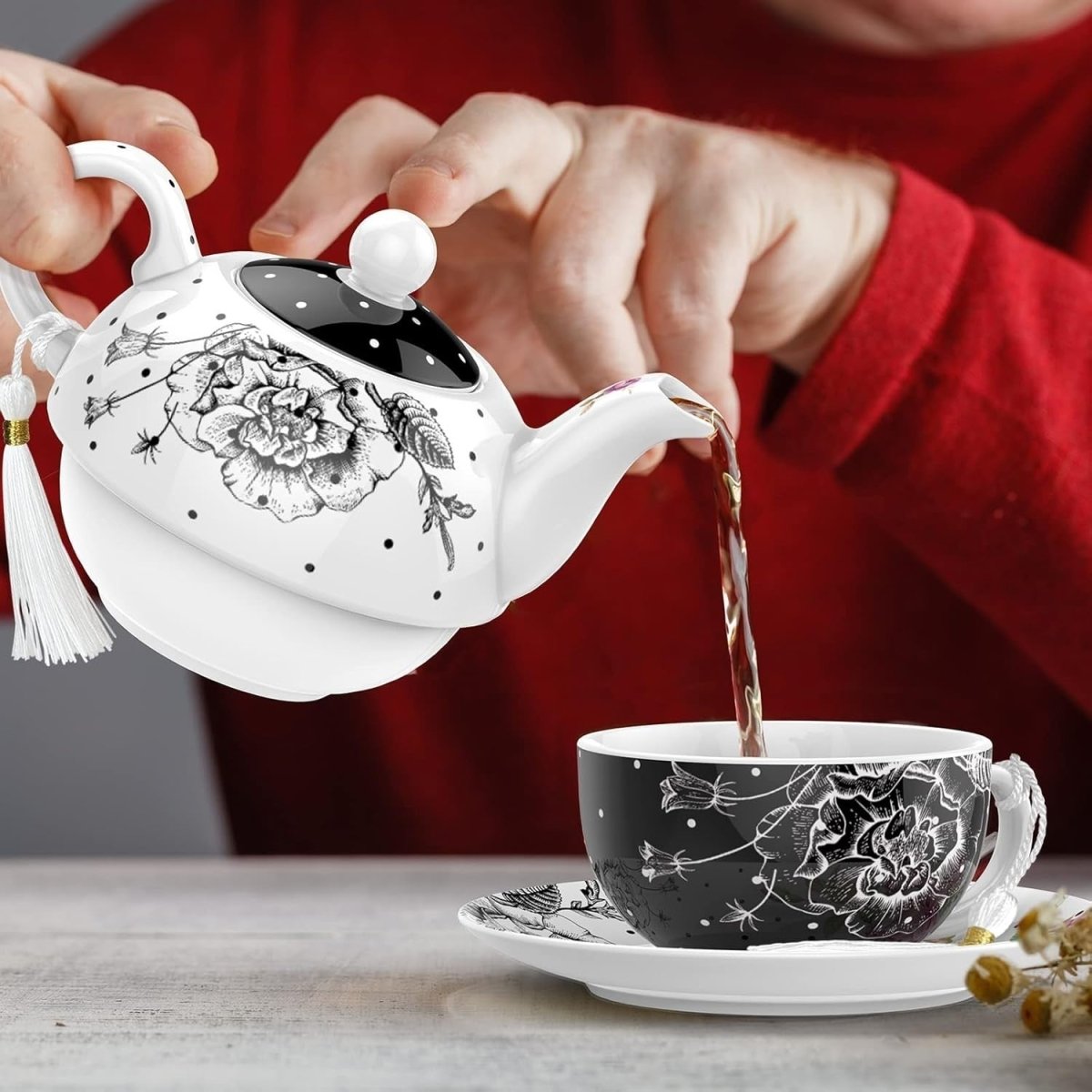 Tea for One Teapot Cup Saucer Set 350ml Vintage Floral Black Gift - Kwikley