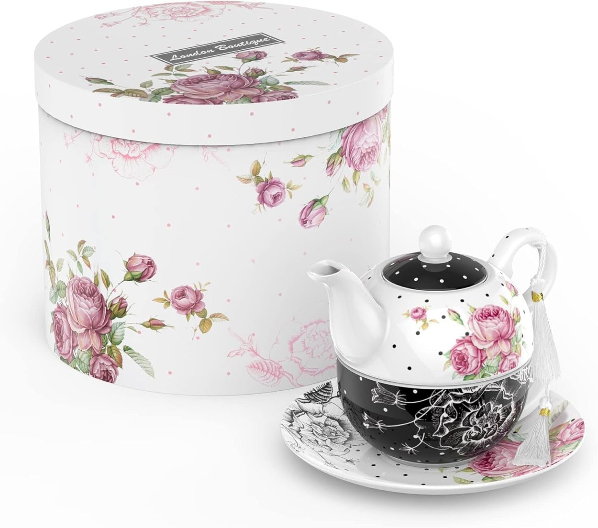 Tea for One Teapot Cup Saucer Set 350ml Vintage Floral Black Gift - Kwikley