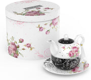 Tea for One Teapot Cup Saucer Set 350ml Vintage Floral Black Gift - Kwikley