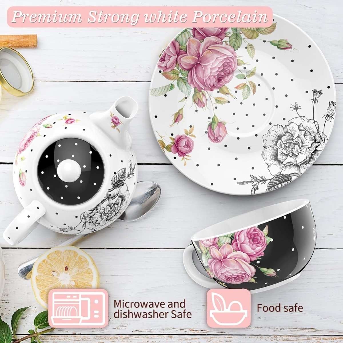Tea for One Teapot Cup Saucer Set 350ml Vintage Floral Black Gift - Kwikley