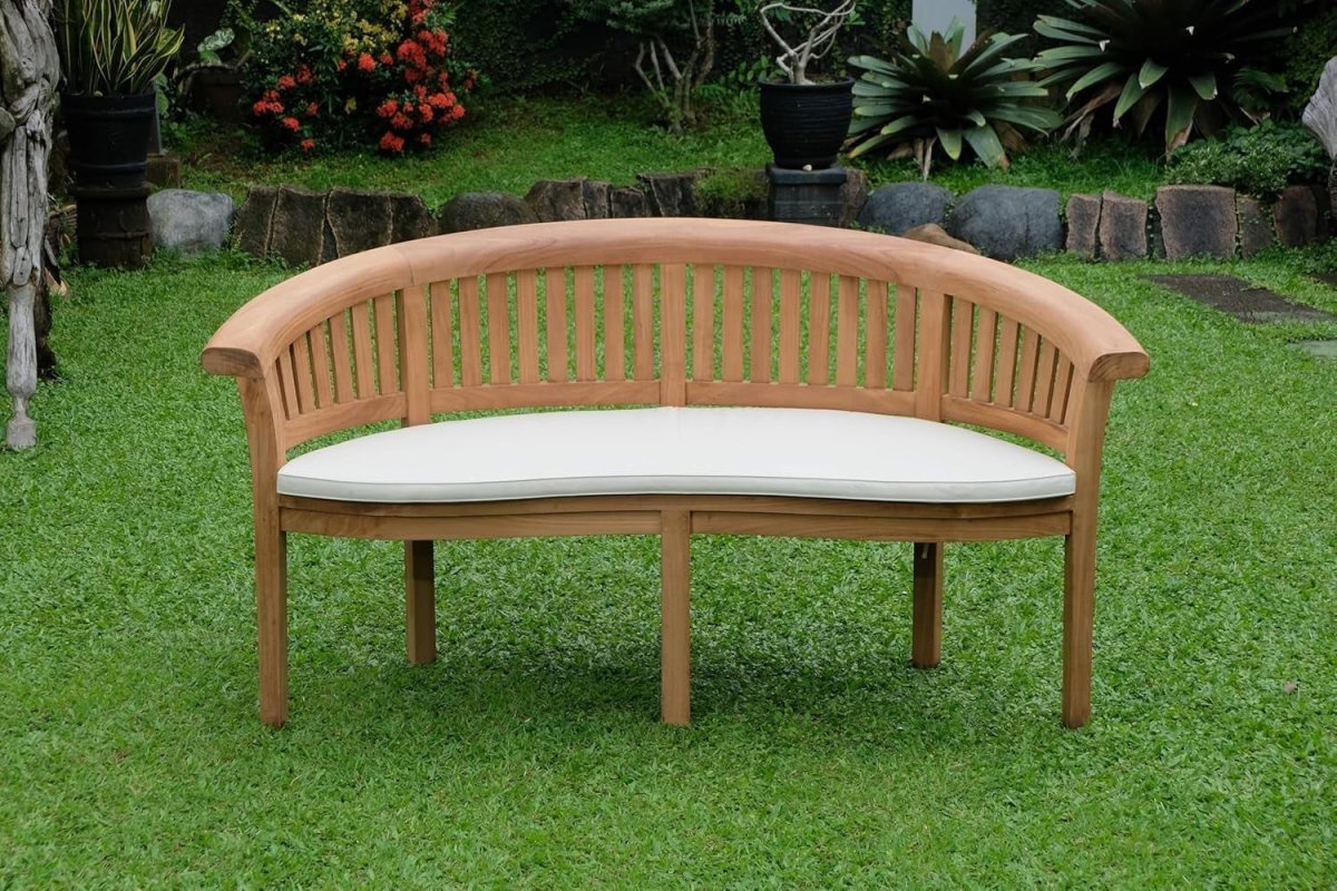 Teak Banana Garden Bench Vertical Slats Extra Thick w Cream Cushion - Kwikley