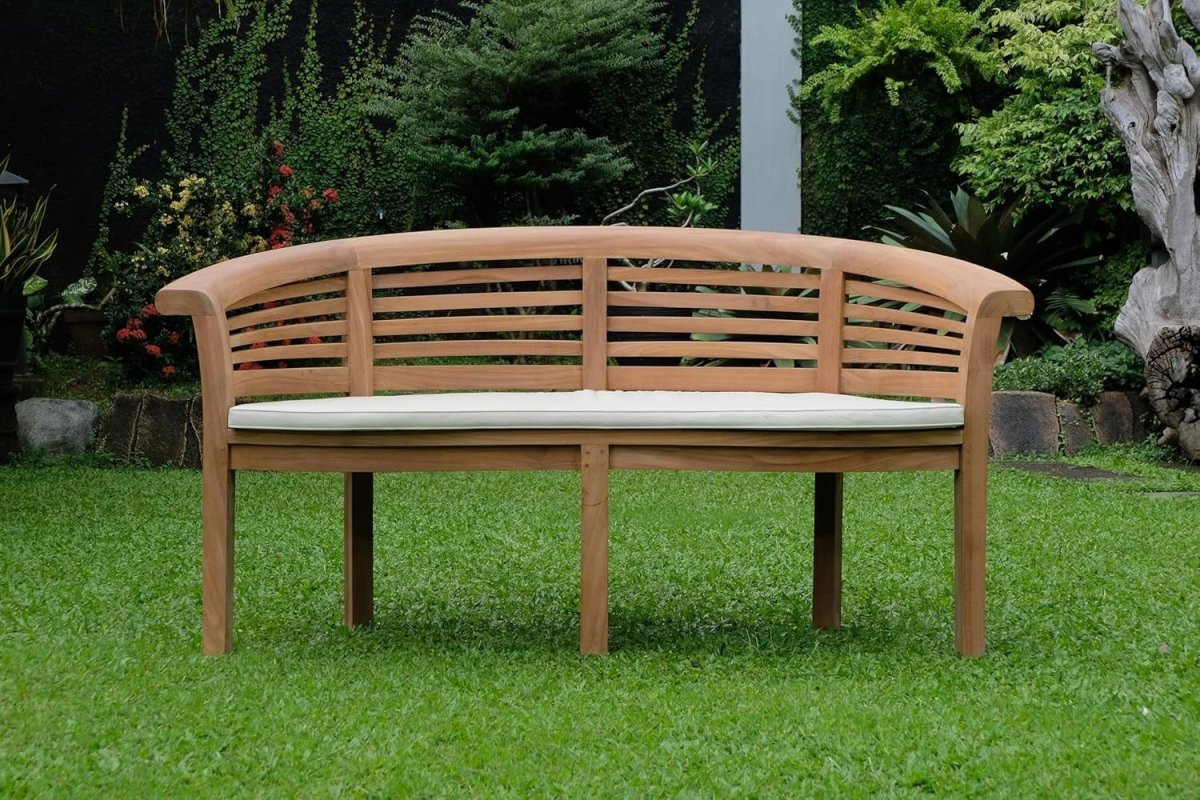 Teak Banana Garden Bench Vertical Slats Extra Thick w Cream Cushion - Kwikley
