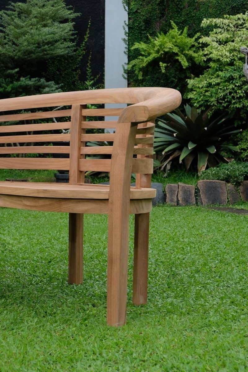 Teak Banana Garden Bench Vertical Slats Extra Thick w Cream Cushion - Kwikley