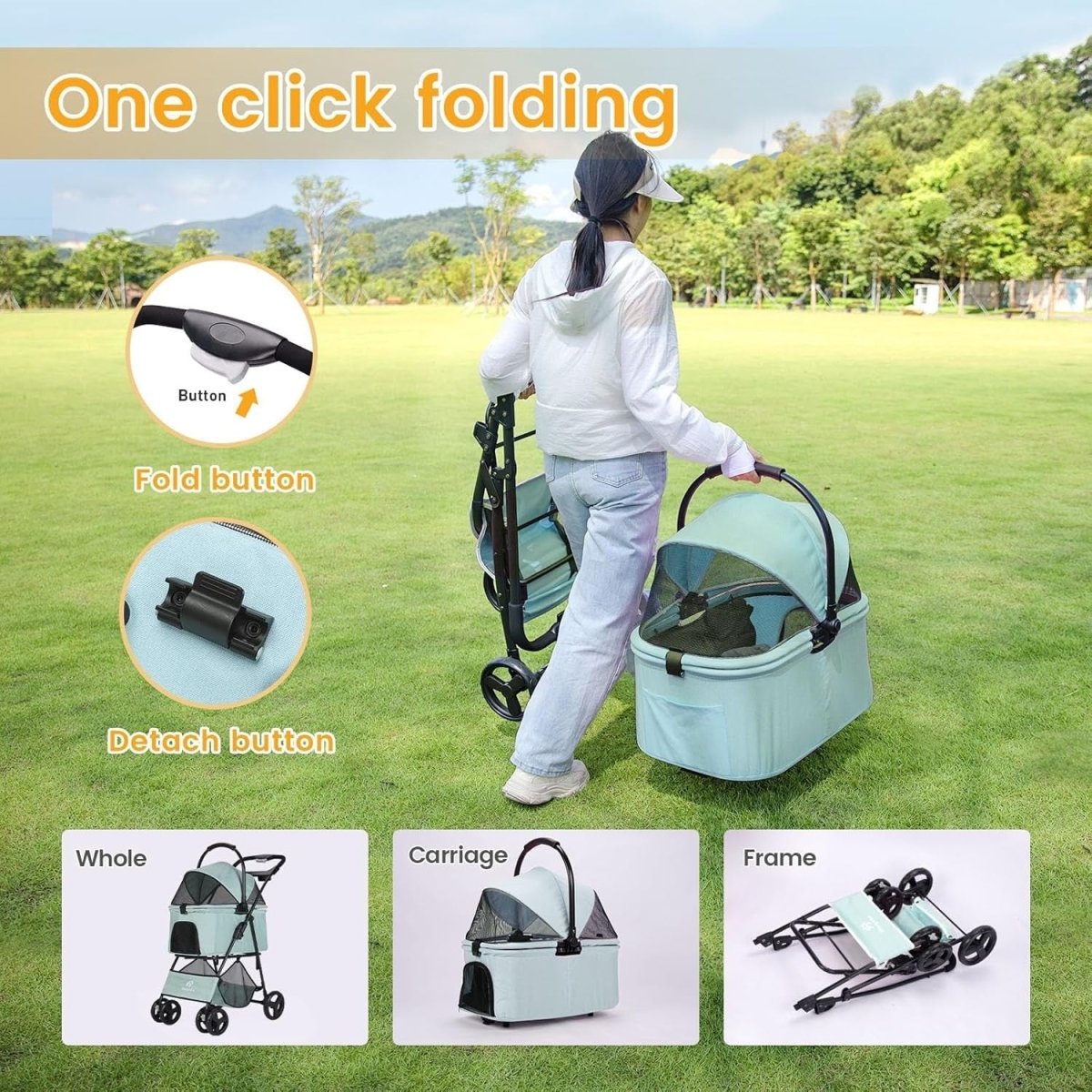 Teal Blue 2 in 1 Dog Stroller Foldable Pet Pushchair Jogger for Small Dogs - Kwikley